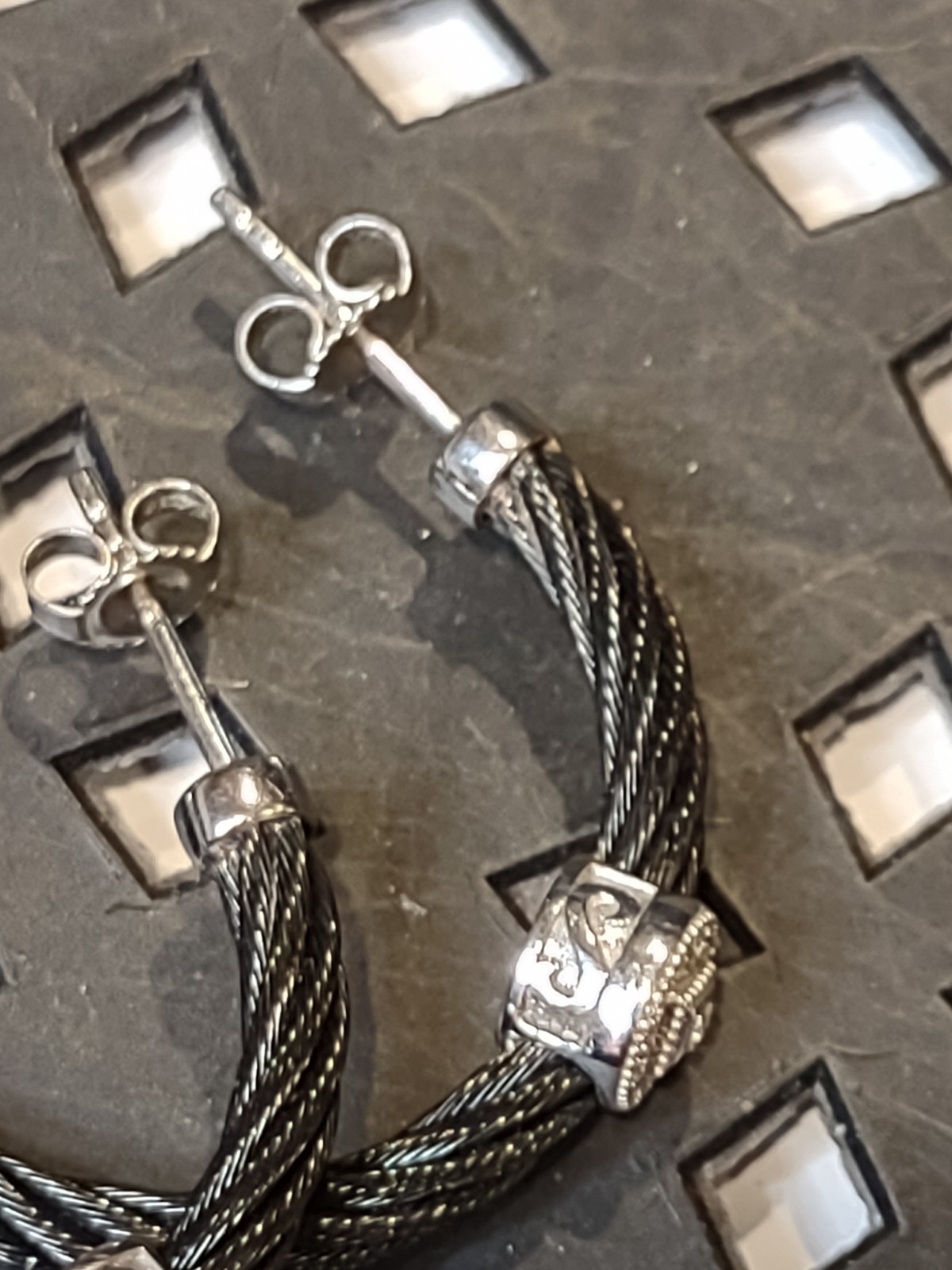 Charriol Black Steel Cable Hoop Earrings With 18Kt White Gold And Diamonds