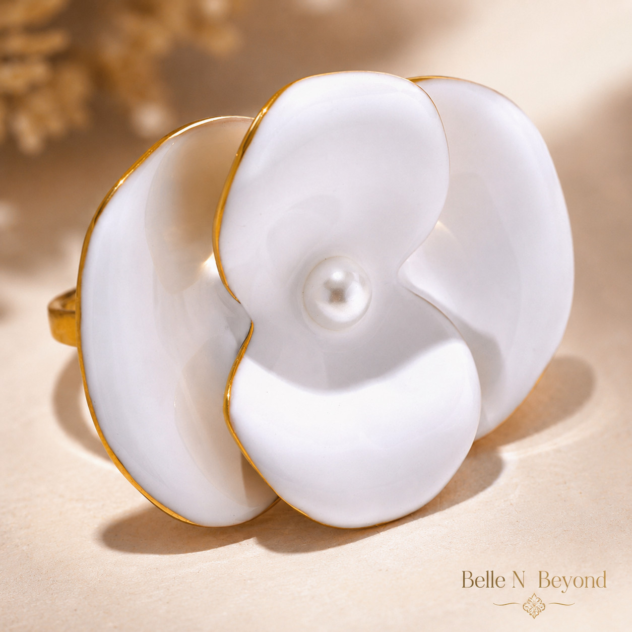 White Enamel Flower Statement Ring Faux Pearl Gold Tone Floral Jewelry
