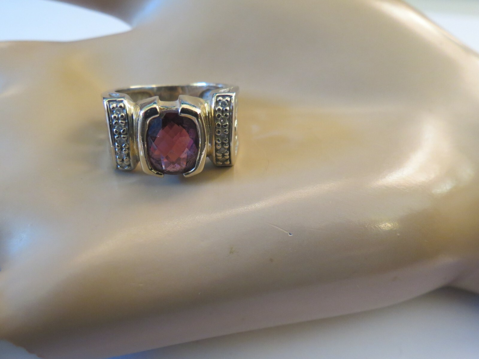 14k Rhodilite Garnet Diamond White Gold Checker Board Cut SZ 7 Designer NH 7.16g