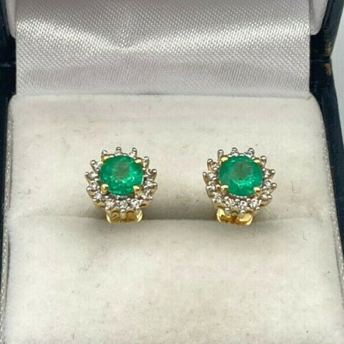 Certified 2.25 Ct Natural Green Emerald & Diamond Stud Earrings Solid 14K Gold