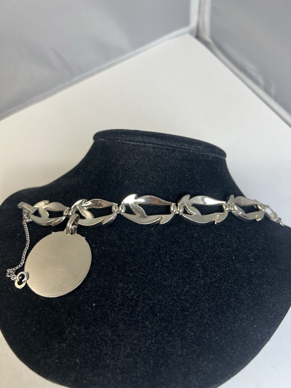 Vintage Monet Silver Tone Large Initial E Charm Leaf Bracelet with Safety Chain