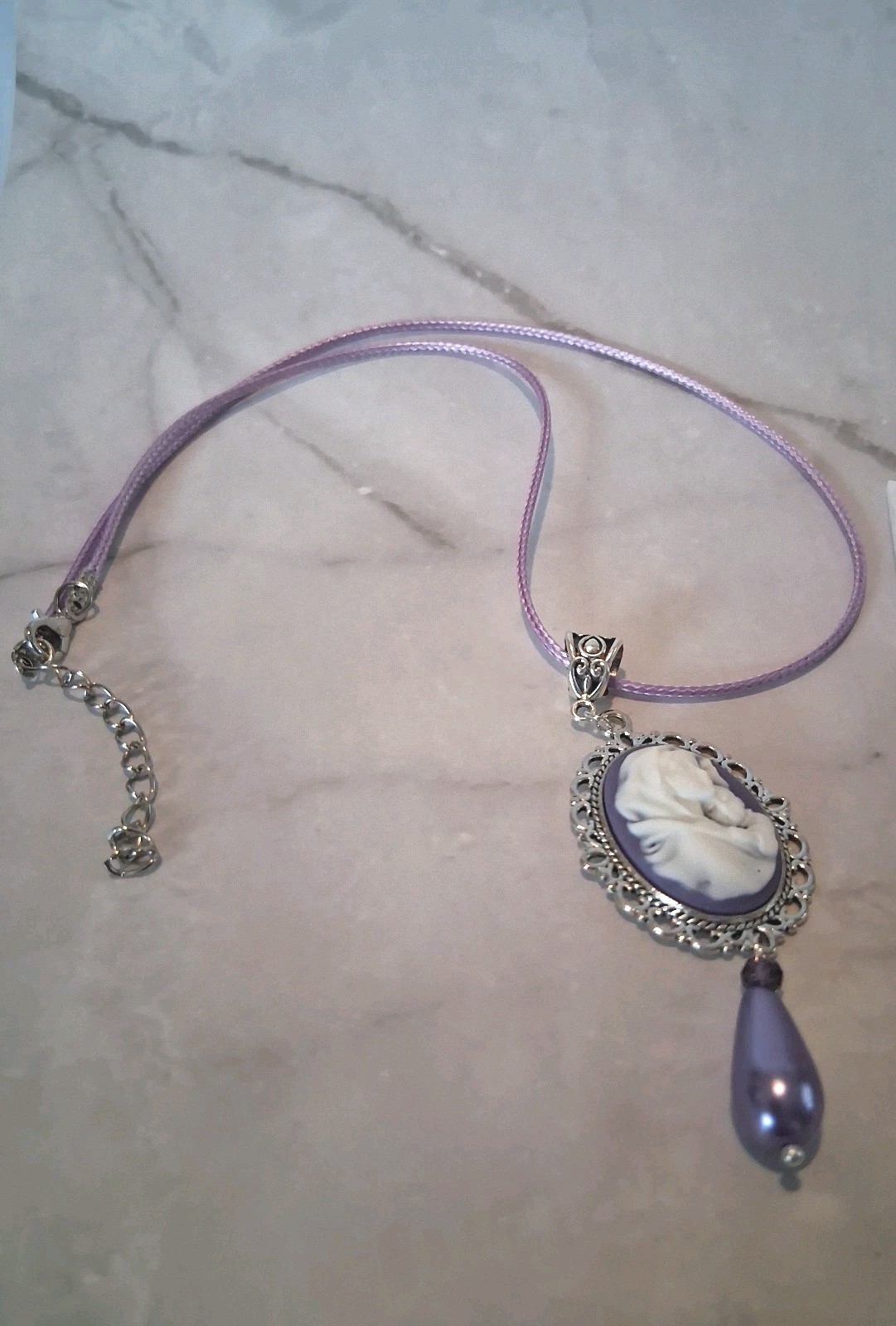 Christian Cameo Necklace Set 17″ Mary Child Purple White Pendant Jesus Handmade