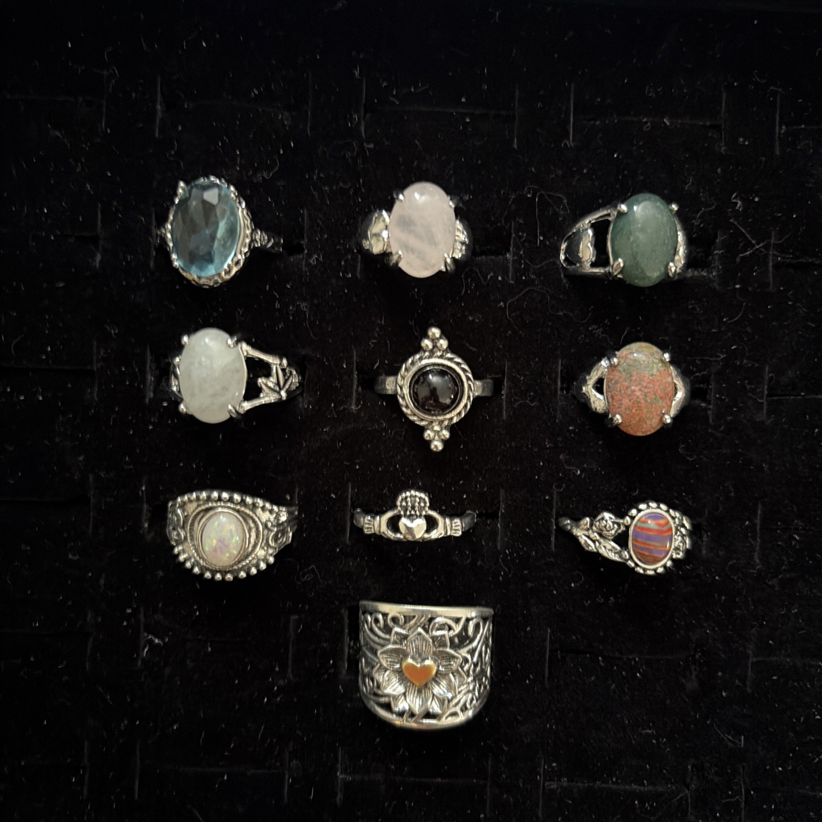 Lot of 10 Silver Tone Costume Jewelry Rings Mixed Styles Sizes & Stone Colors
