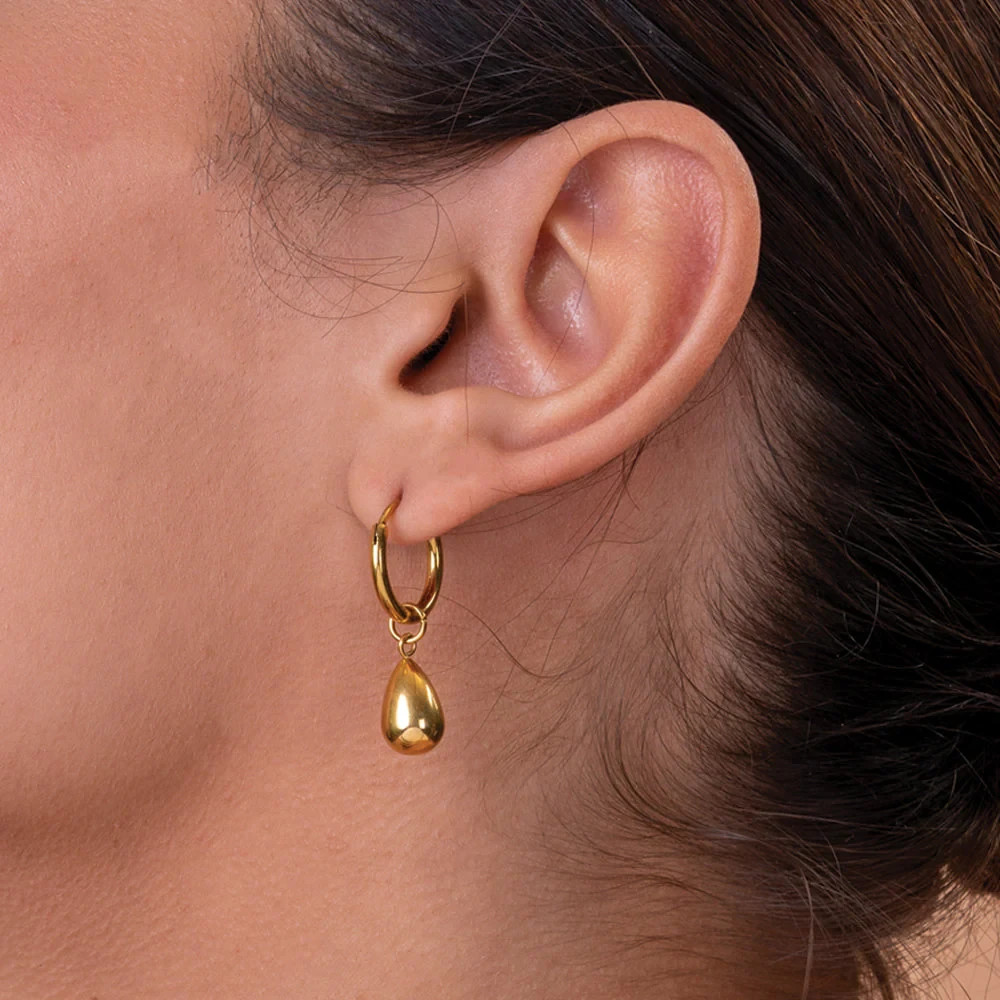Gold Teardrop Hoop Earrings, Small Gold Huggie Hoops with Smooth Pear Drop Charm