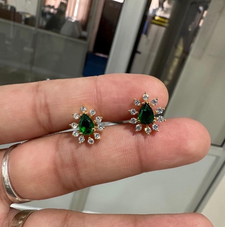 Emerald Earrings 14k Solid Yellow Gold Natural Zambian Emerald Diamond Jewelry