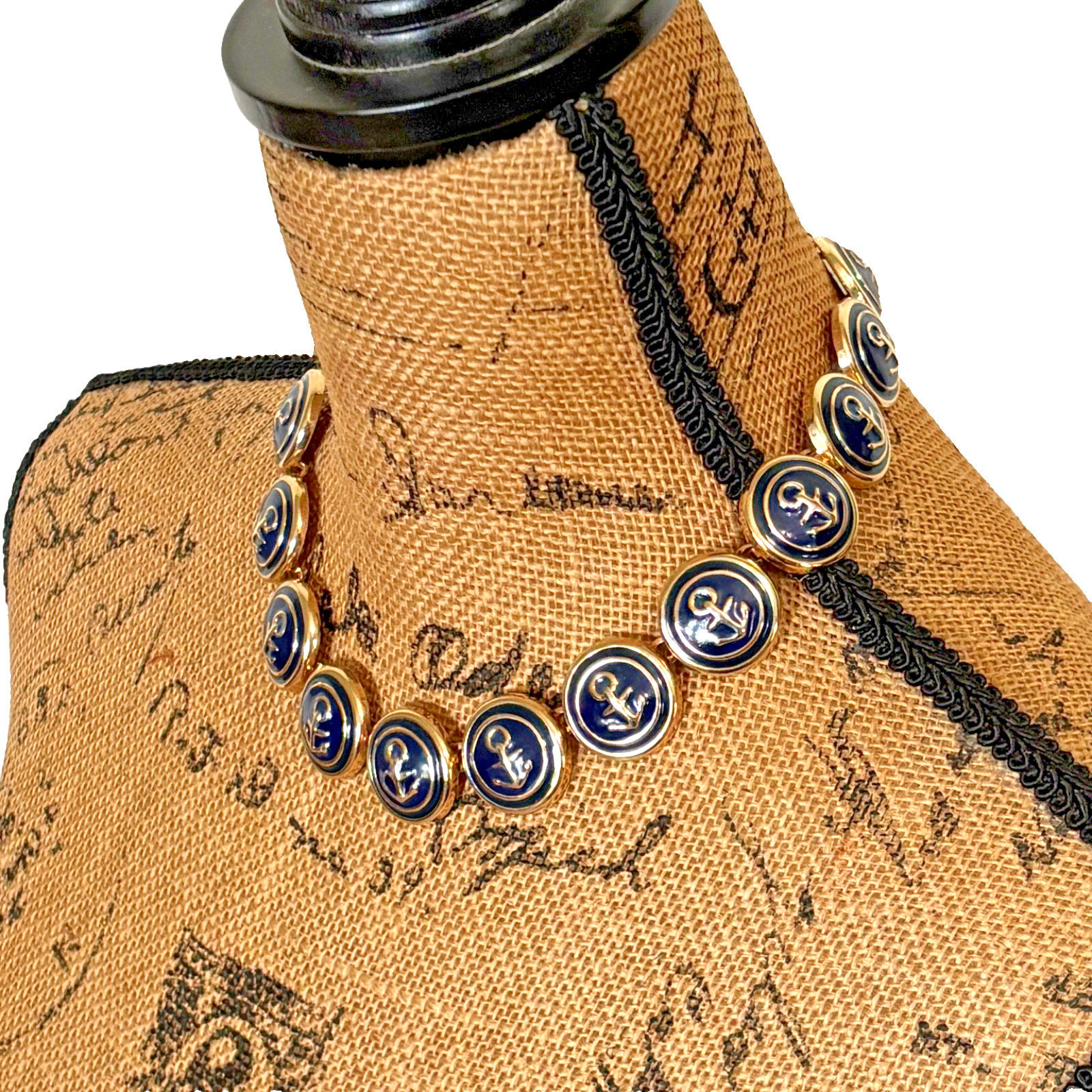 VTG Navy Blue Enamel Nautical Anchor Choker Necklace & Pierced Earrings Sailing