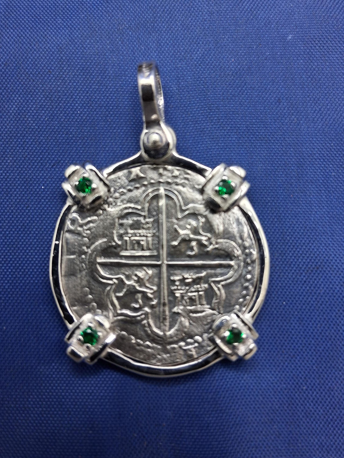 Sterling 2 Reale Replica Atocha Shipwreck Pirate Coin Pendant with Emeralds