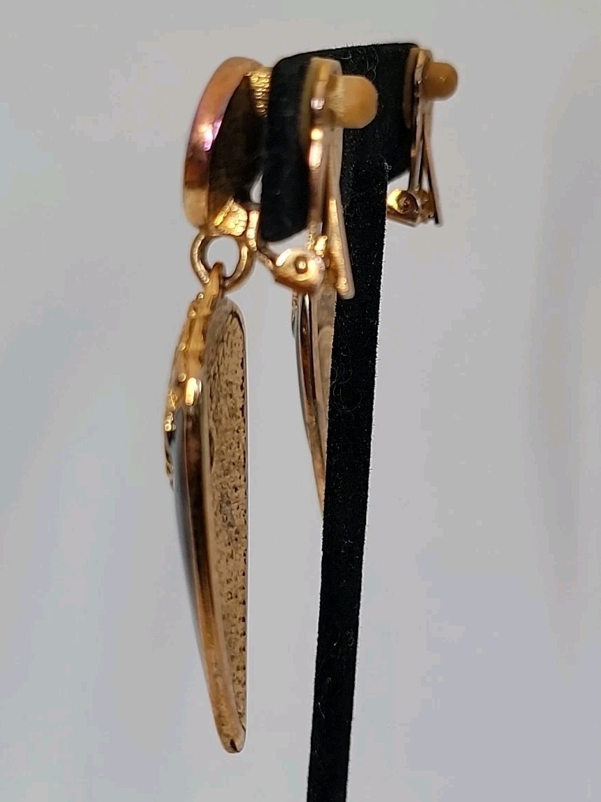 Bijoux Designs NY Signed Black Enamel Rivoli Rhinestones Dangle Clip-on Earrings