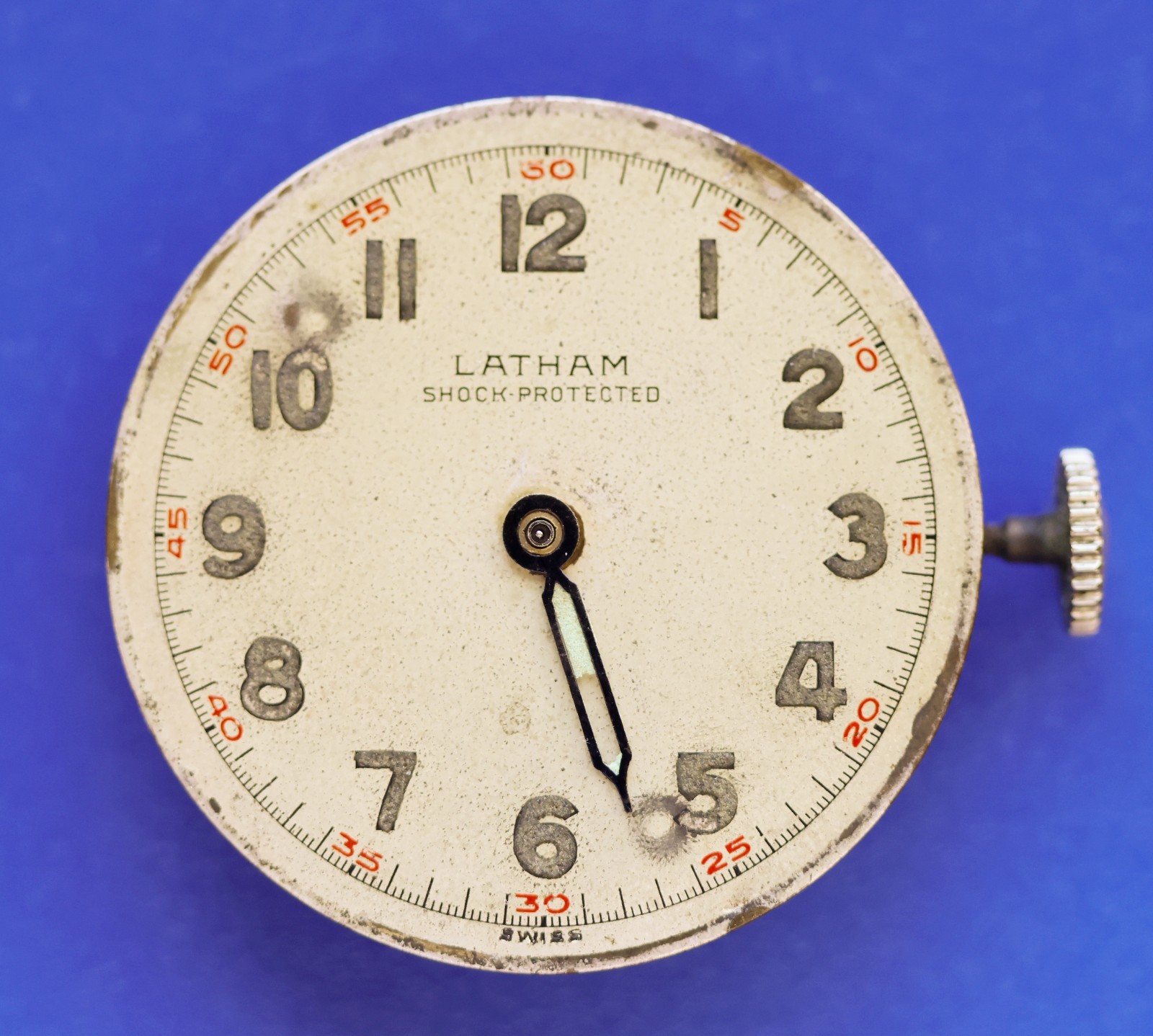 Vintage Latham Military Style Watch Movement 17 Jewels Swiss Dial parts Repair