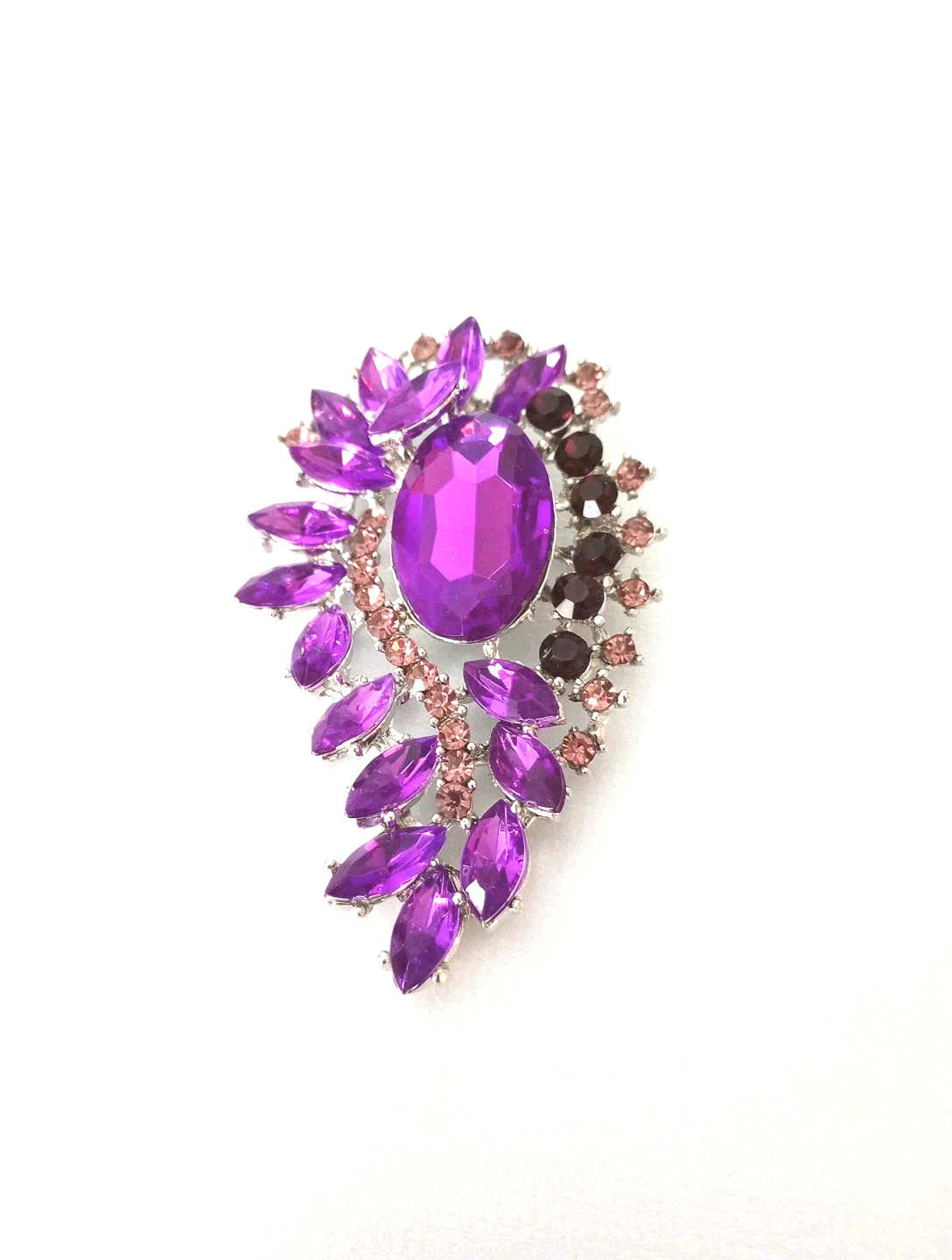 Vintage Purple Floral Crystal Brooch Rhinestone Statement 80s NOS 3 1/4 in