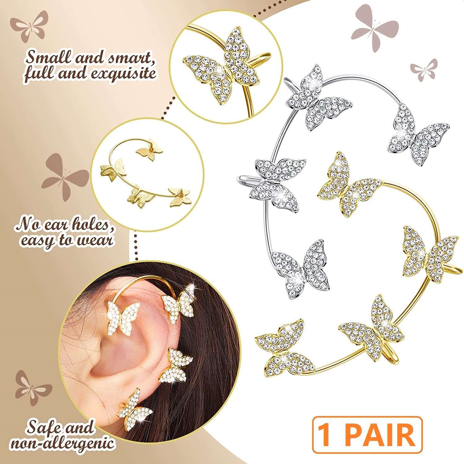 1 pair Butterfly Ear Clip Silver Zircon Earrings Cuff Wrap Women Jewelry Gifts