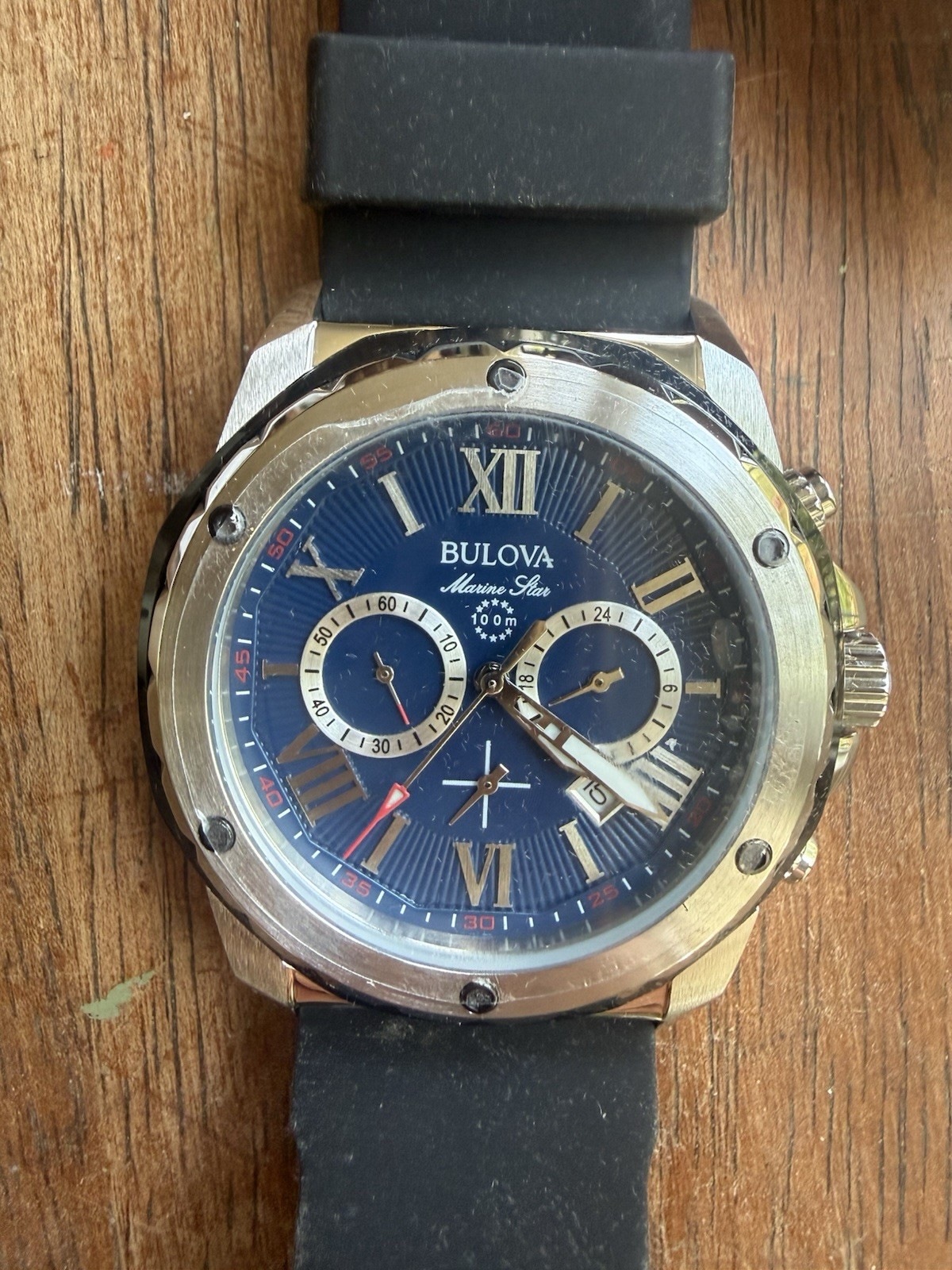 Men’s Bulova Marine Star 98B258 Blue Dial Silicone Strap Chrono Quartz Watch