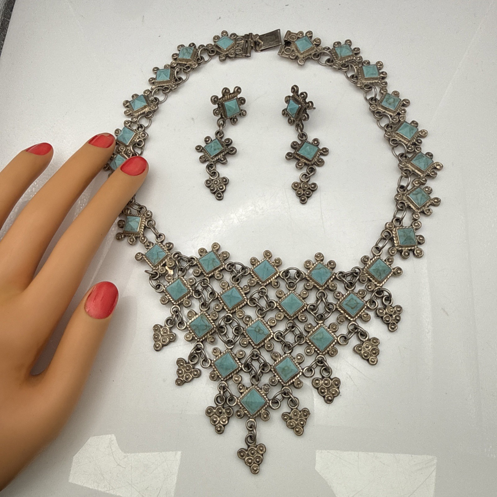WOW! LARGE 177 GRAM Ts121 Sterling Silver Turquoise Necklace Earring Set VINTAGE