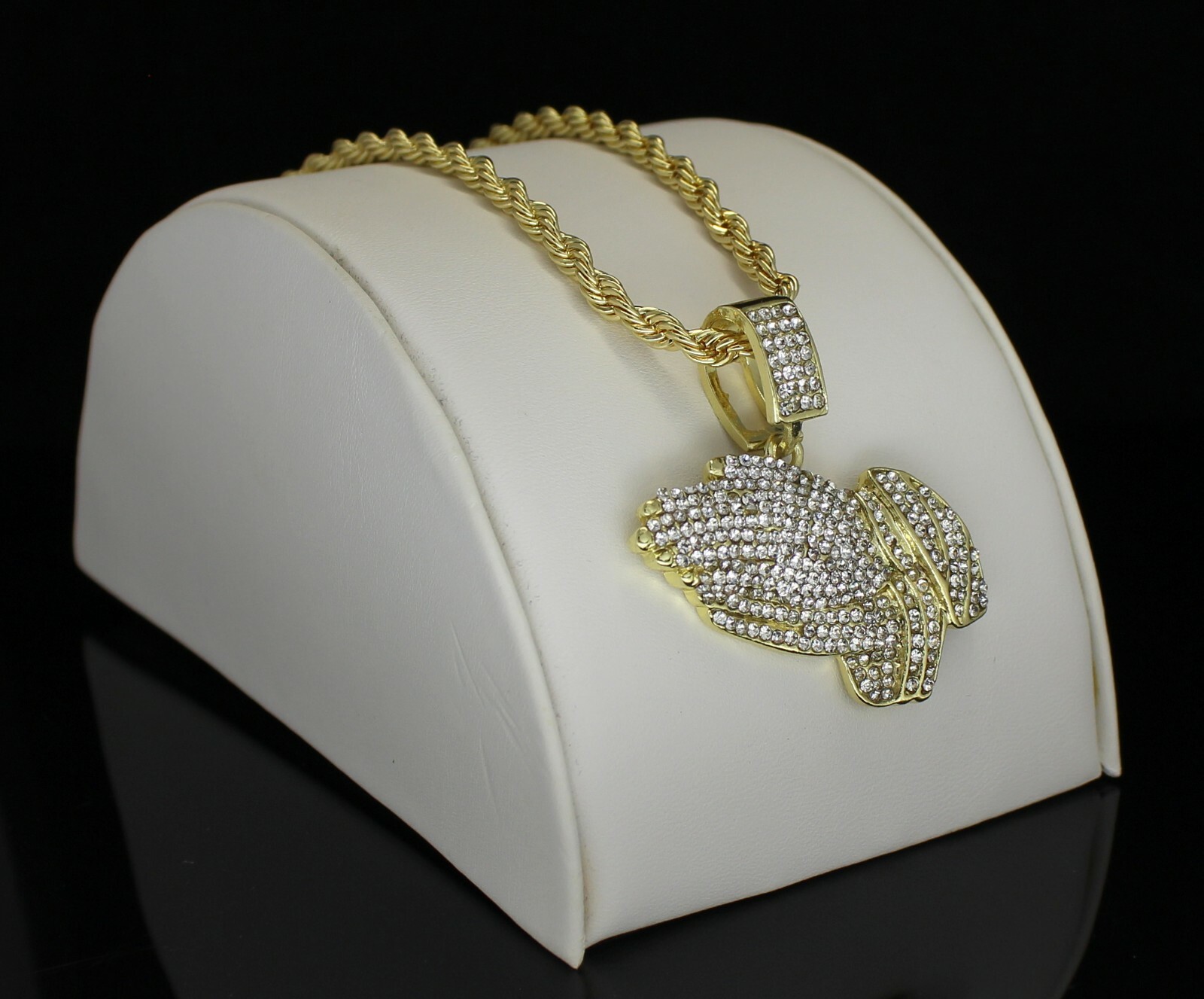 Icy Praying Hands Cz Pendant 14k Gold Plated 24″ Rope Chain Hip Hop Necklace