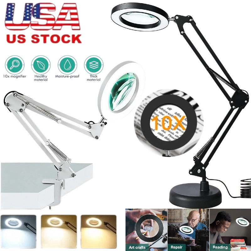 10X Magnifying Glass Desk Light Magnifier LED Lamp Reading Lamp With Base& Clamp