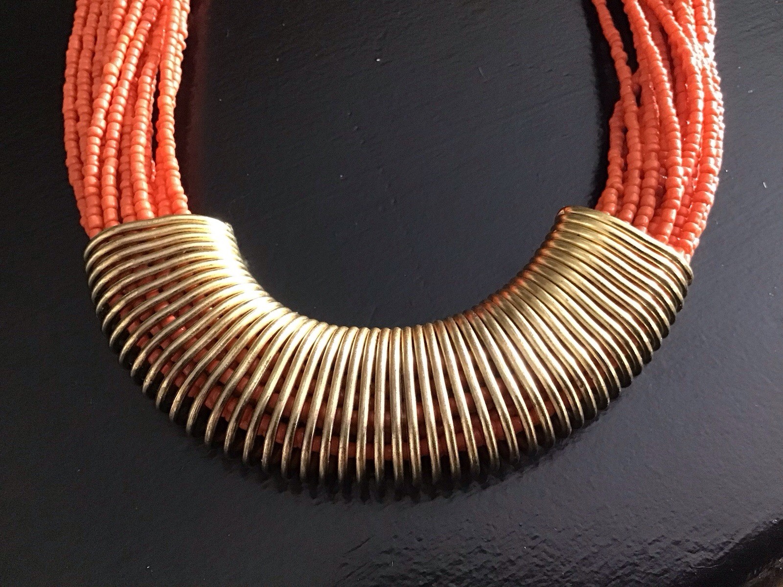 Charming Charlie Orange Seed Bead Multi Strand Bronze Tone Necklace & Earrings