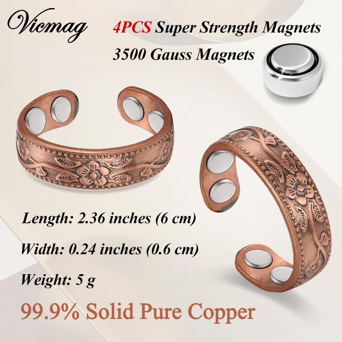 Copper Magnetic Ring for Women 99.9% Copper Finger Ring Strong Magnet Ring Co…
