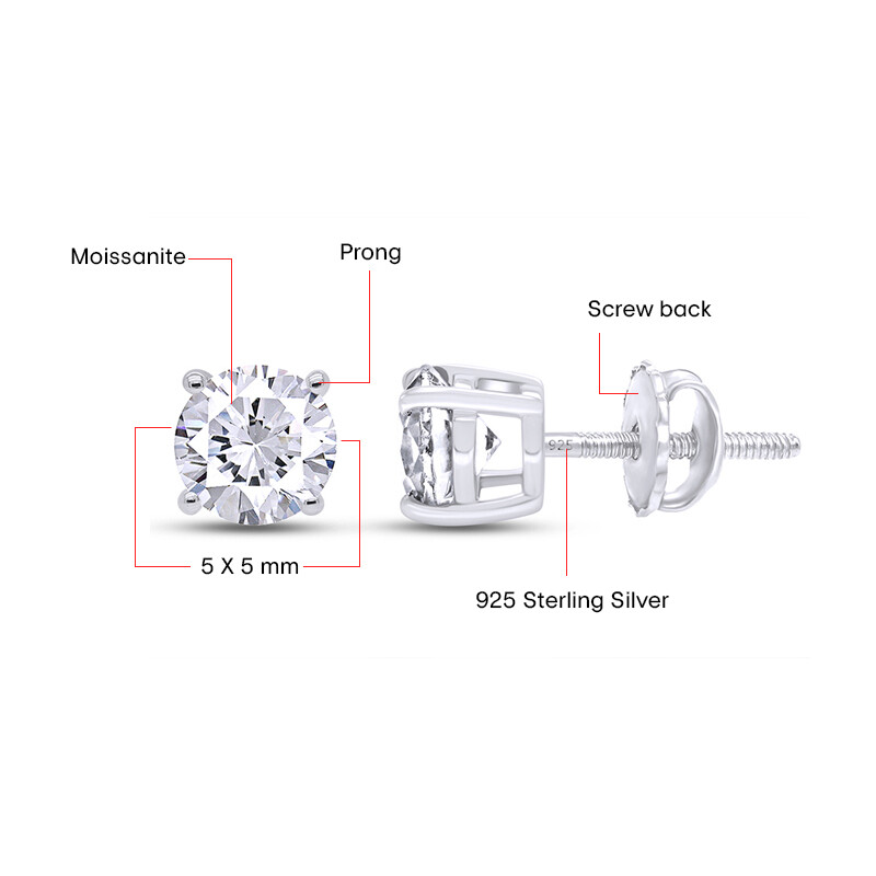 Certified D Color VVS1 Moissanite Solitaire Stud Earrings Screwback