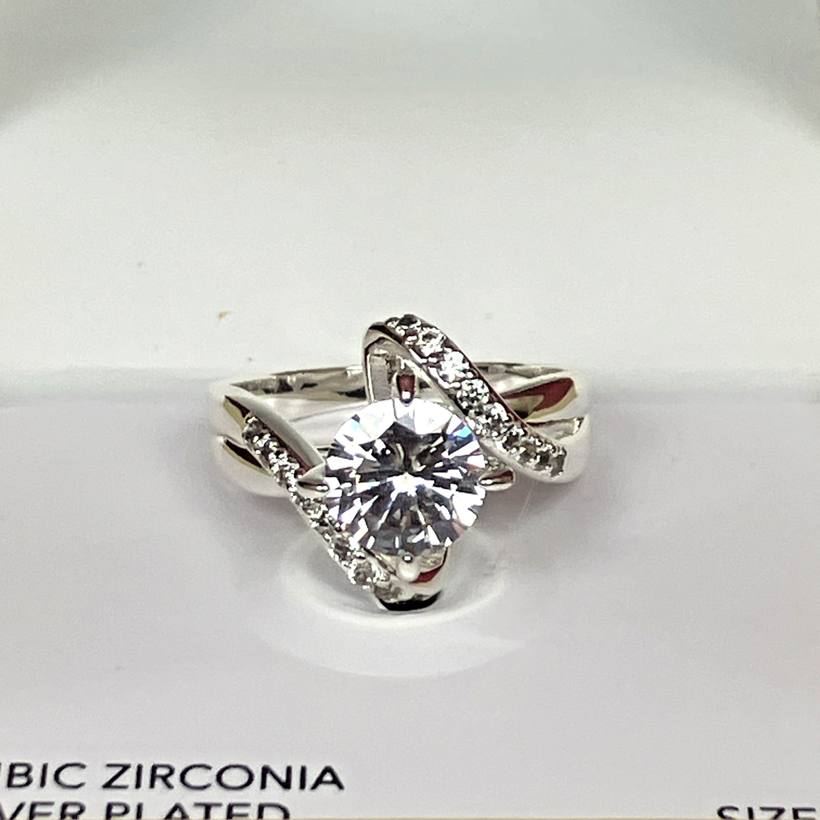 Charter Club Crystal Stone Bypass Ring Fine Silver Plate SIZE 6 or 9 NIB
