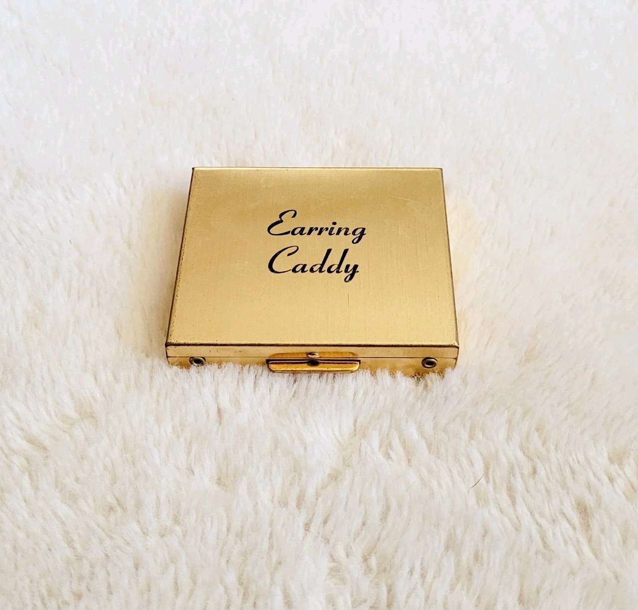 Vintage Earring Caddy Gold Travel Jewelry Box Mirror Compact Case