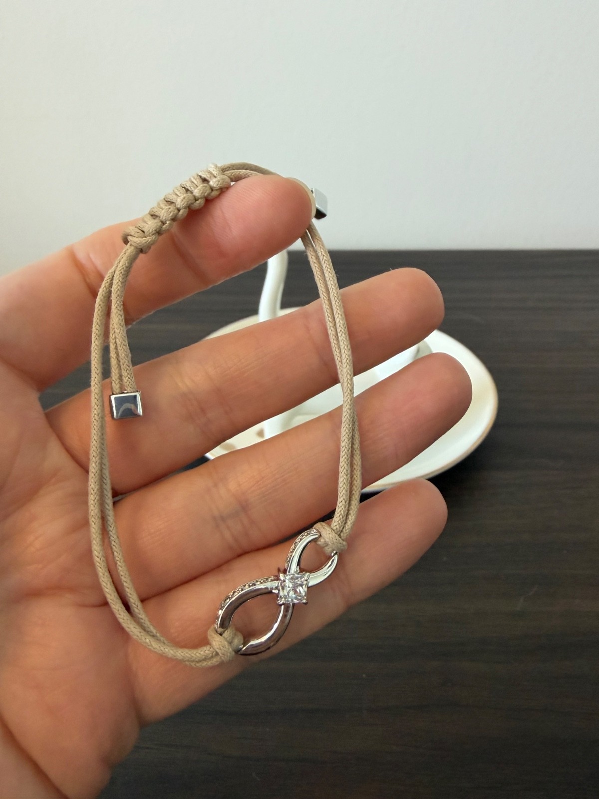 Swarovski Infinity Bracelet Beige Rope Cord Crystal Adjustable Rhodium Plated