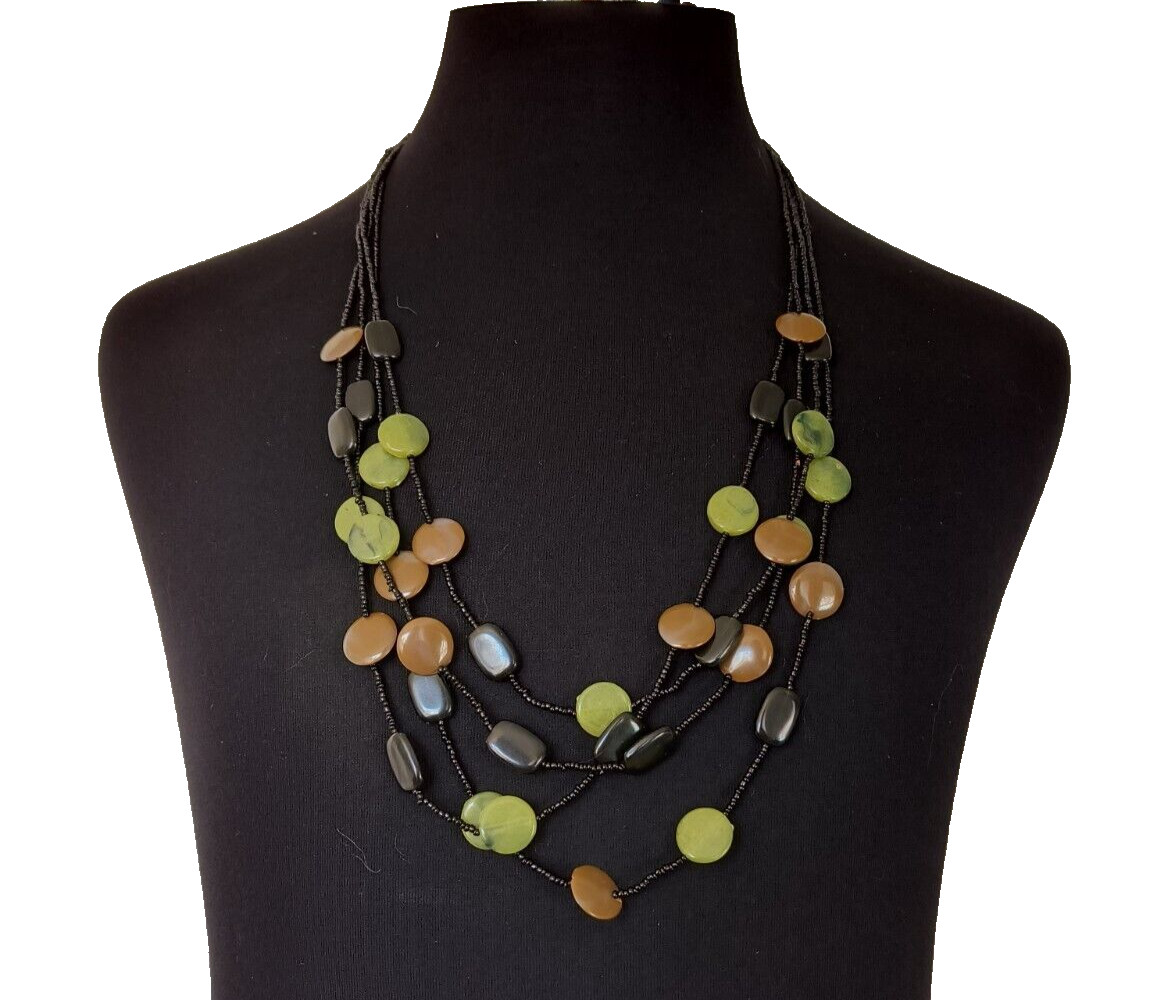 Women’s Necklace Beaded Multistrand Black Brown Green Black Discs Vintage
