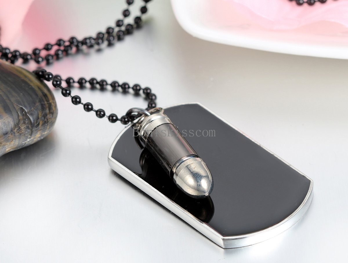 Men’s Stainless Steel Black Bullet Dog Tag Pendant Necklace w Bead Chain