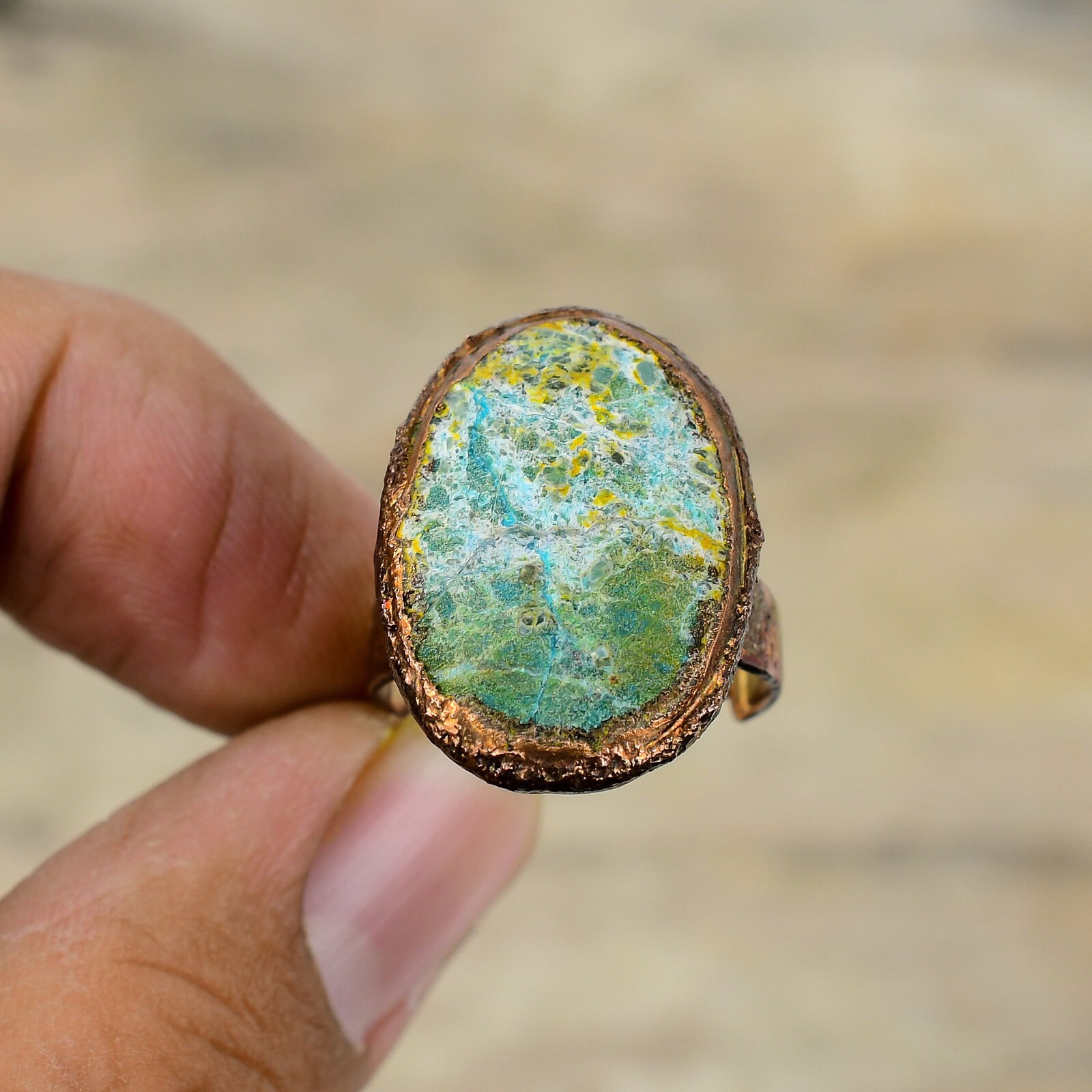 Chrysocolla Rough Copper Mum Gift Electroformed Adjustable Ring Size Adjustable