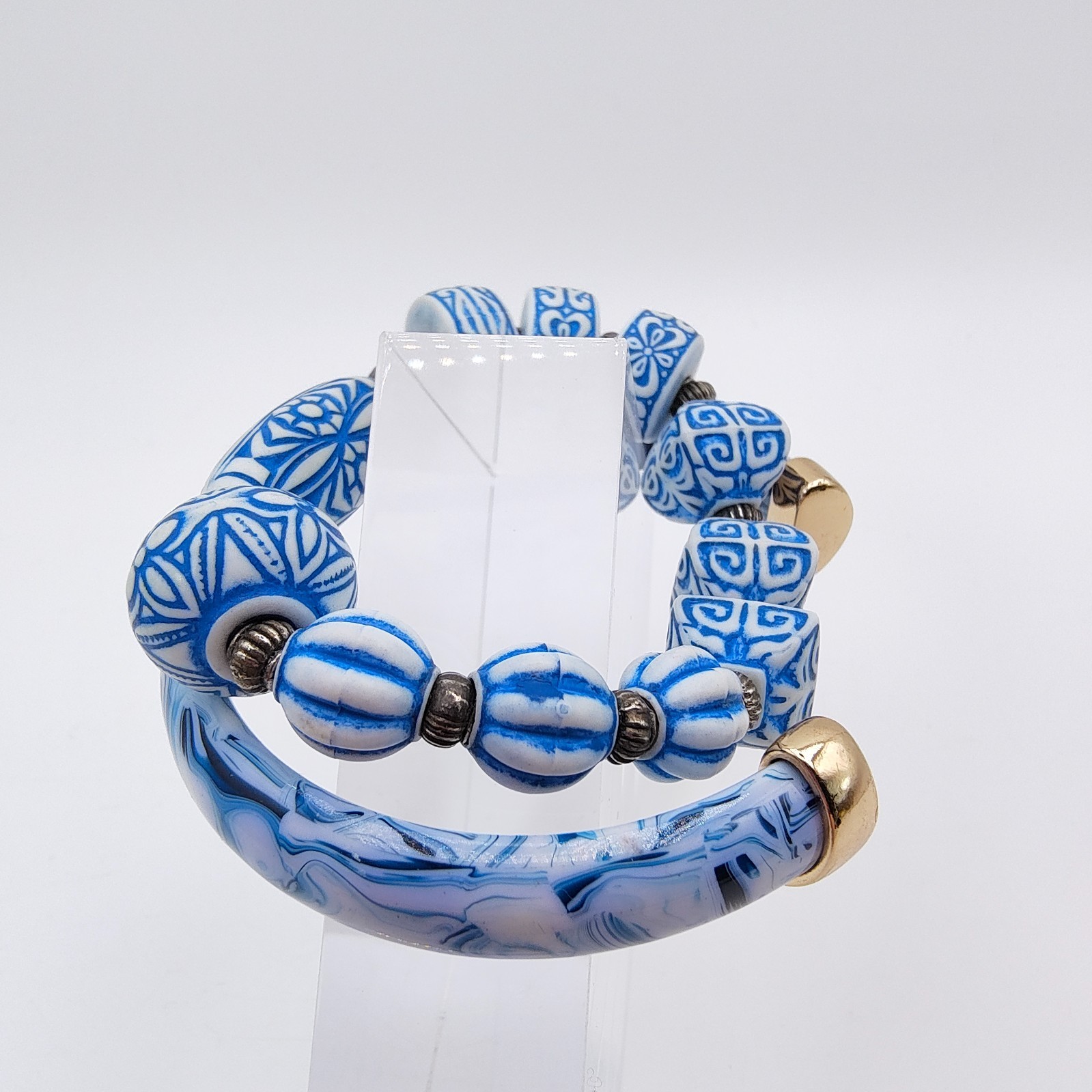 Modern Chinoiserie Style Cuff & Strech Bracelet Lot of 2 Blue White Stackable