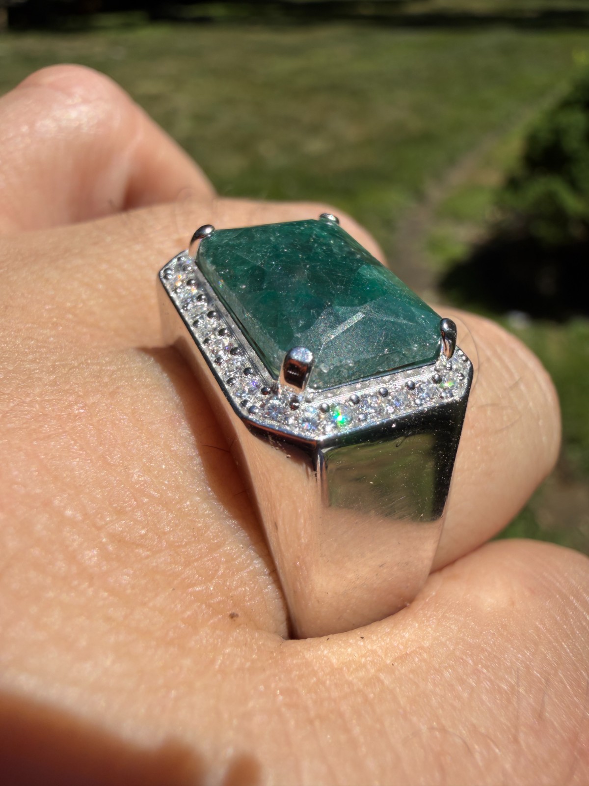 MOISSANITE Iced Natural 9ct Rectangle Green Emerald Stone Ring 925 Silver