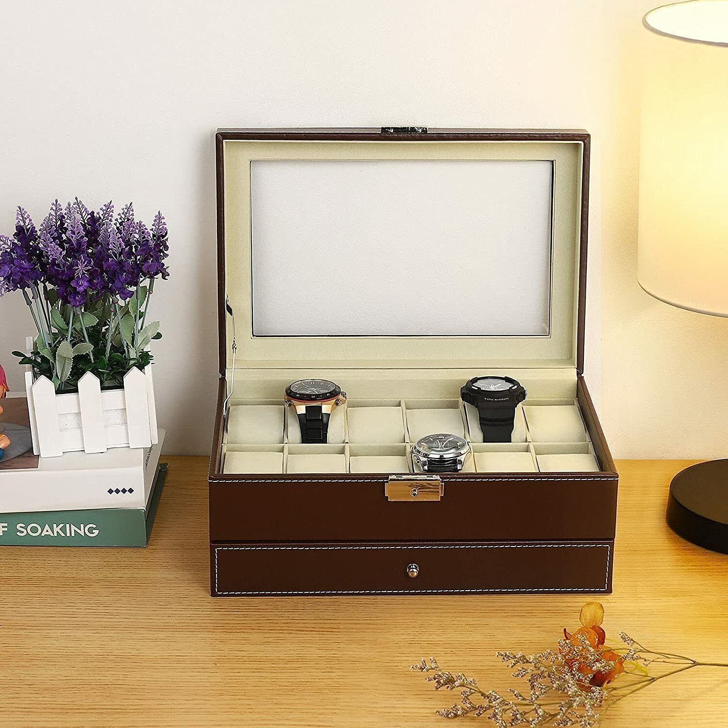 12 Slot PU Leather Lockable Watch Storage Boxes Men Jewelry Display Drawer Case
