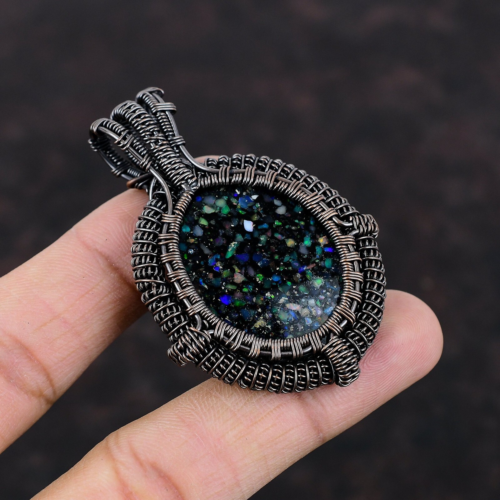 Black Ethiopian Opal Jewelry Copper Gift For Mom Wire Wrapped Pendant 2.56″