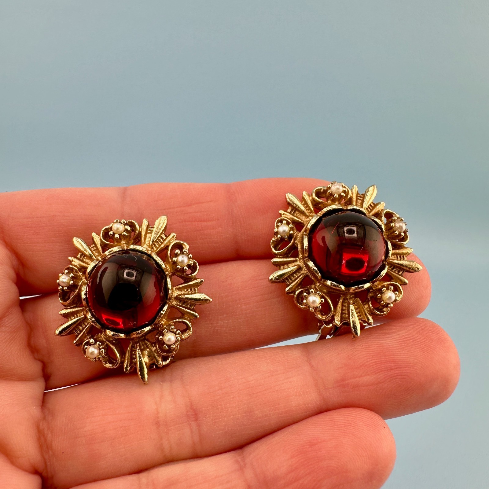 Vintage Clip On Earrings Red Glass Cabochon Gold Tone Faux Pearl Etruscan Rev