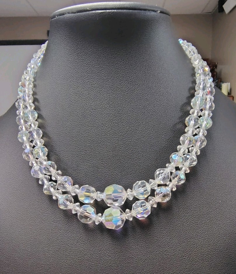Beautiful Vintage Aurora Borealis Double Strand Necklace With Hook Closure 14 In
