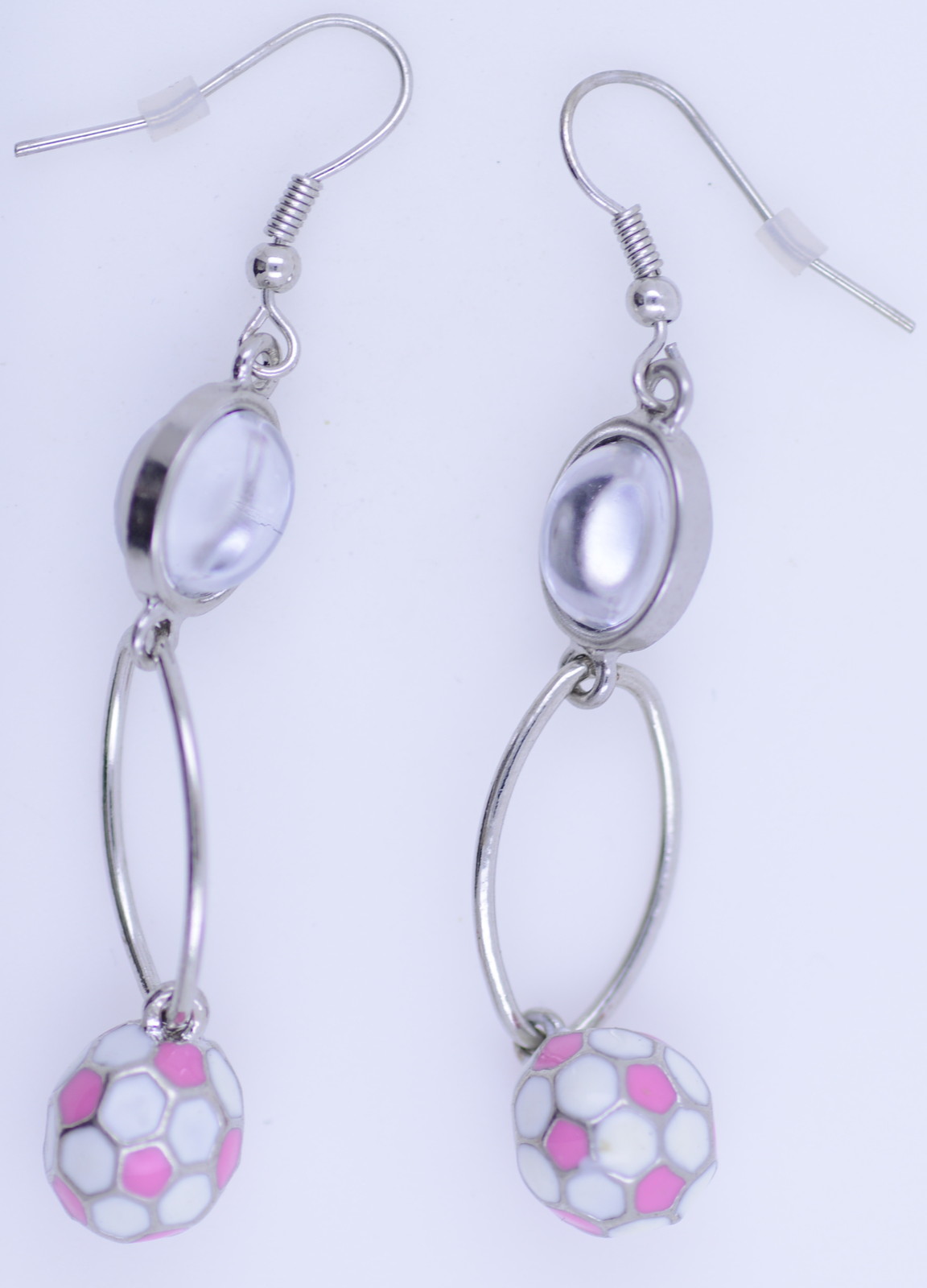 Hanging pink and white enamel football dangle earrings
