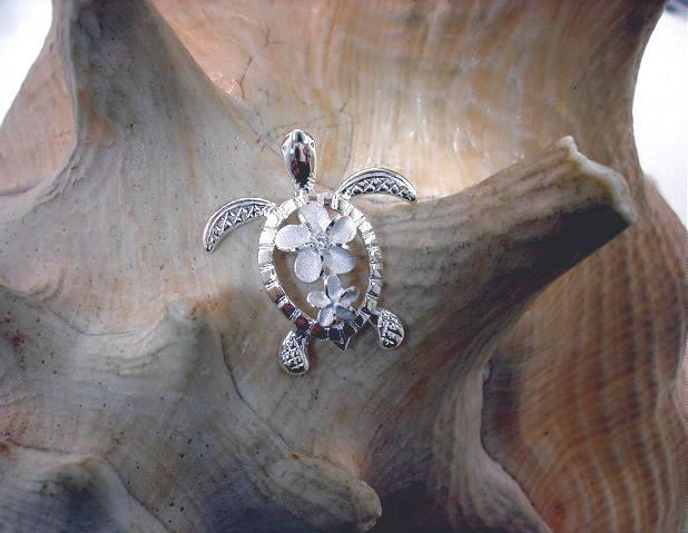 21.5MM RHODIUM PLATED 925 STER SILVER HAWAIIAN HONU TURTLE PLUMERIA CZ PENDANT