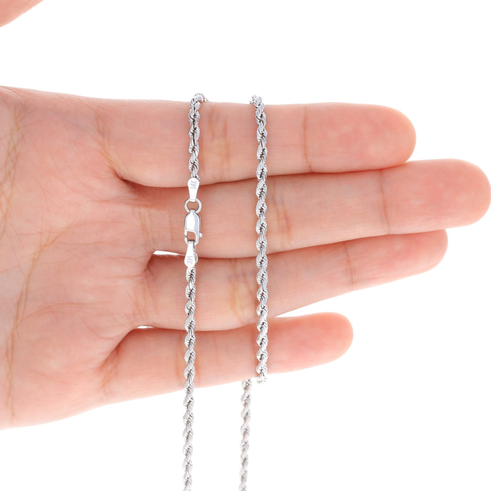 14K White Gold 2.5mm Diamond Cut Rope Chain Pendant Necklace Mens Women 14″- 30″