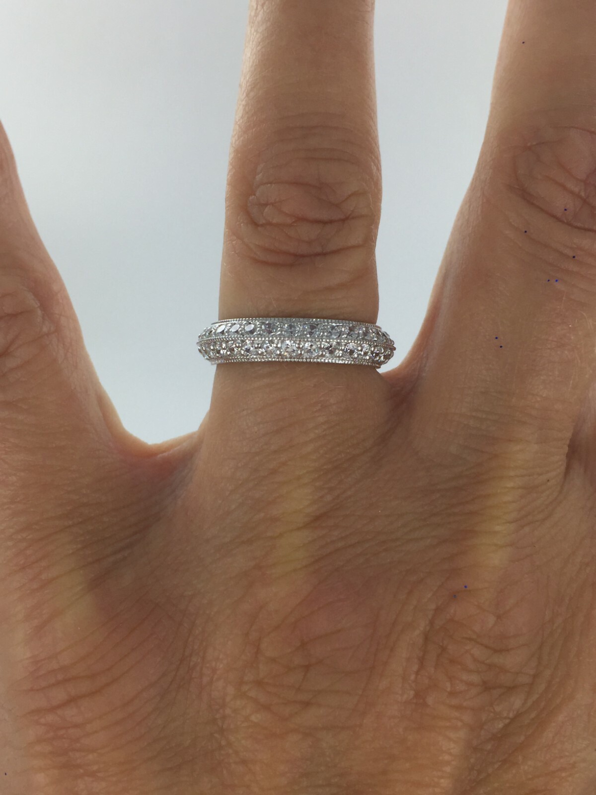 Gorgeous Domed Center Pave CZ Bead Detail 925 Silver Eternity Band Size 7