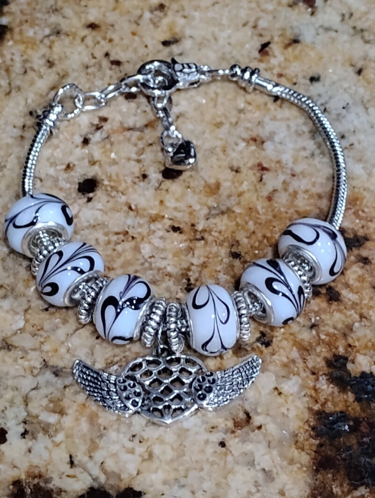 European Charm Bracelet Heart Angel Wings Black White Silver