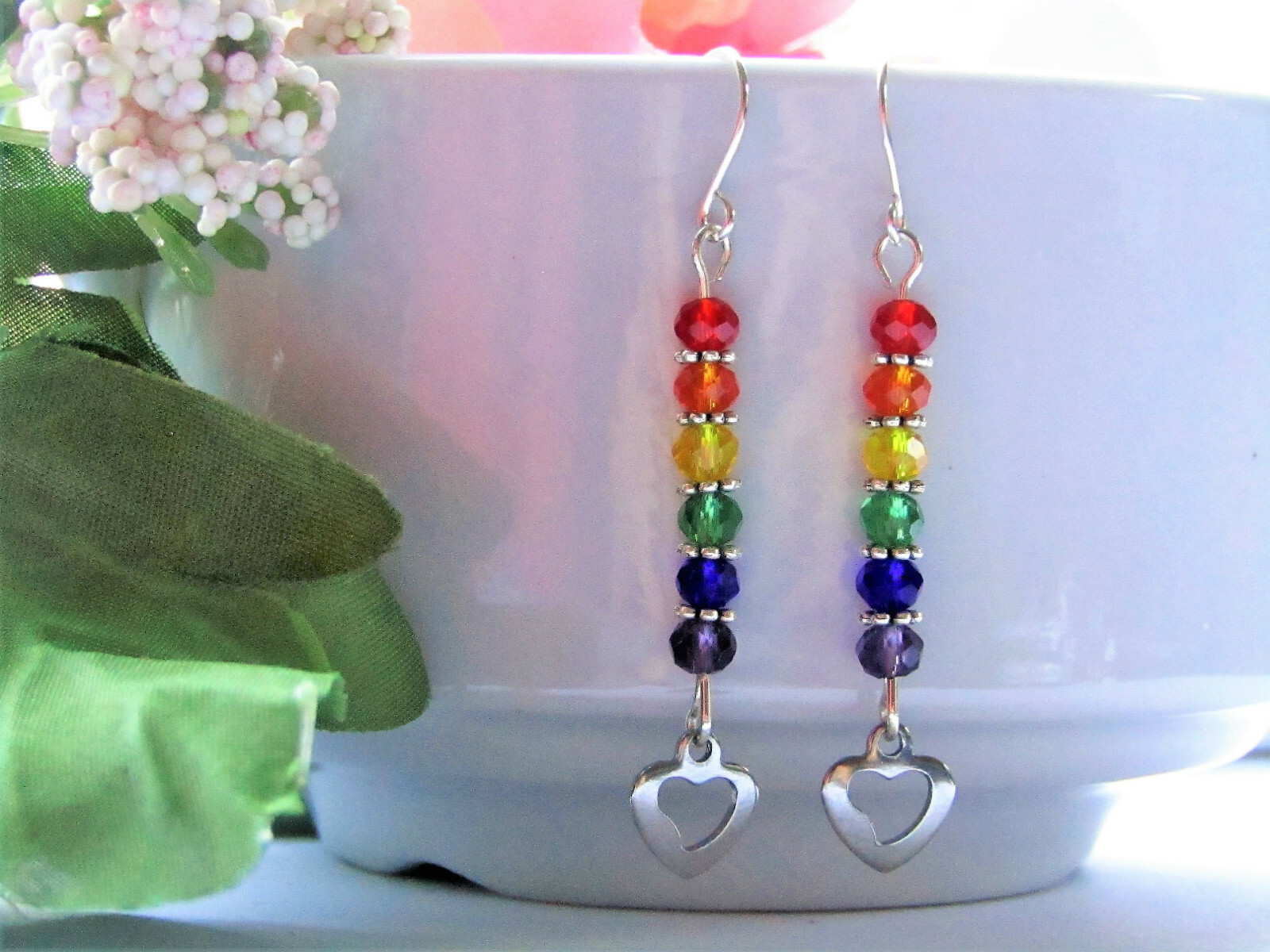 Rainbow PRIDE Glass Stainless Steel Heart Charm Silver Dangle Earrings