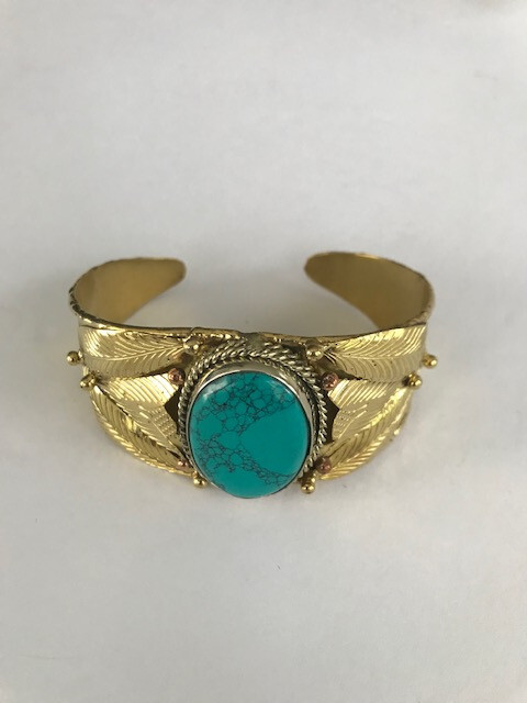 Blue Turquoise Cuff Bracelet 2-Tone Metal Leaf Pattern Cuff Stunning Piece