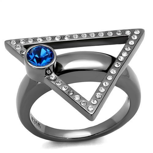Women’s Triangle Ring, Blue Top Grade Crystal, Light Black Plated