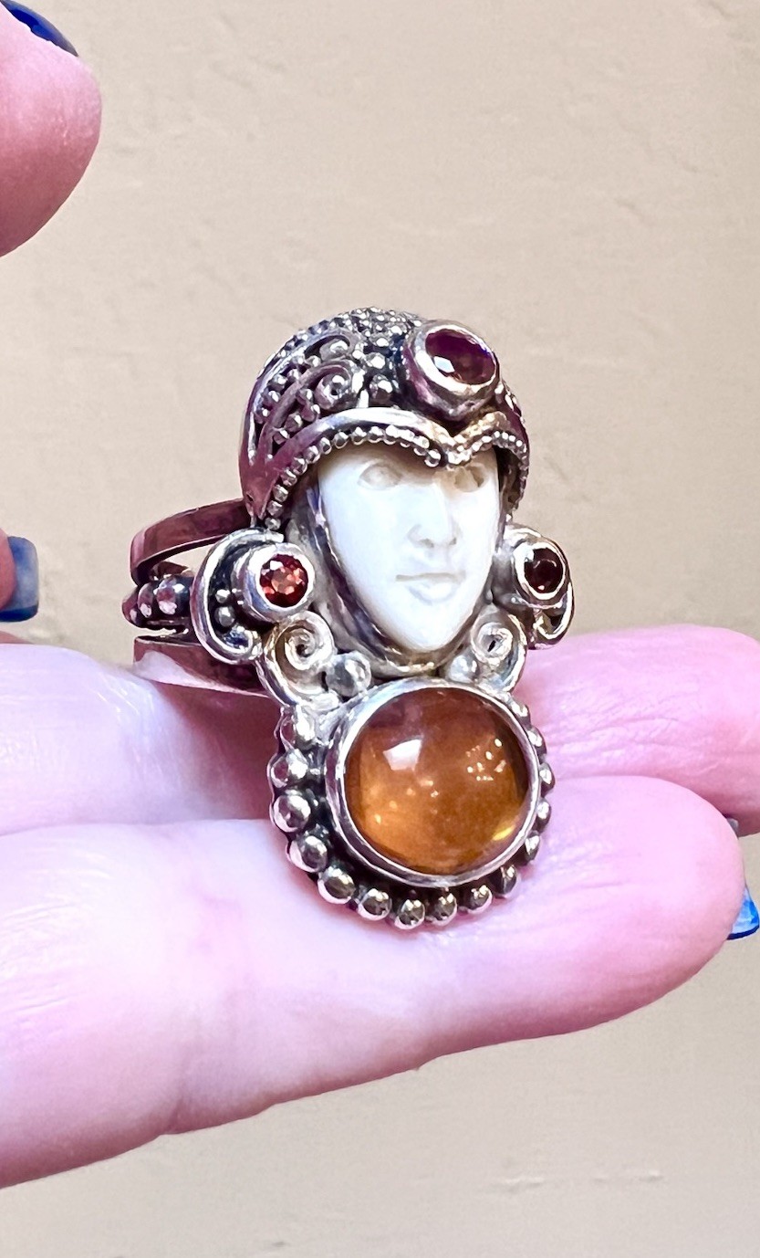 BEAUTIFUL ORNATE Sajen Sterling Silver Citrine, Garnet, Etc. Carved Goddess Ring