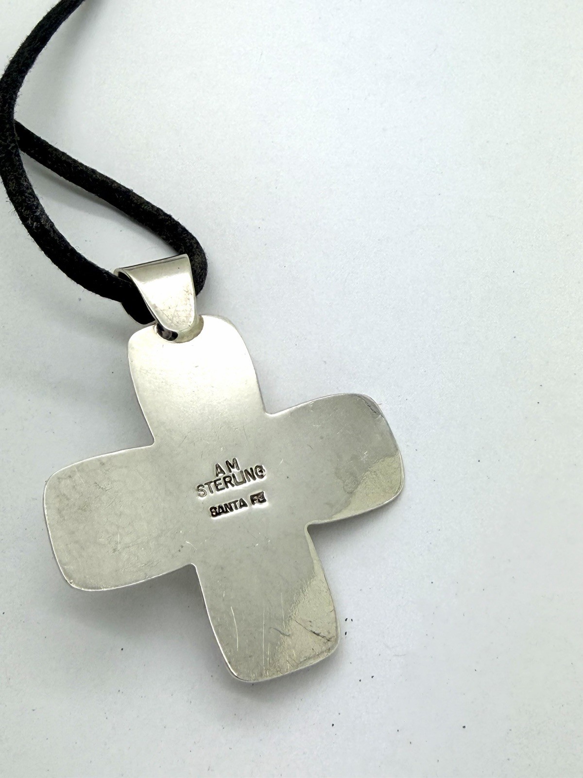 AM Sterling Silver Santa FE 1.5” Cross Pendant Adjustable Blk. Cord Necklace