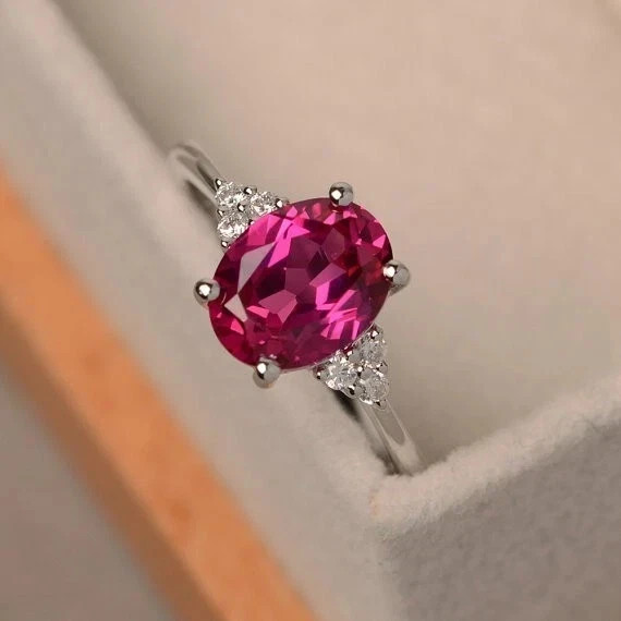 2.20 Ct Oval Cut Natural Pink Ruby & Diamond Wedding Ring 925 Sterling Silver
