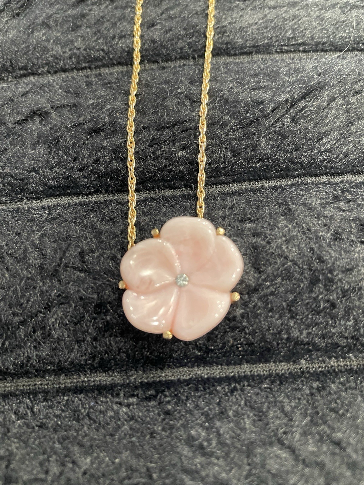 Vintage Avon Pink Carved Flower Pendant Necklace Gold Tone Rhinestone Center