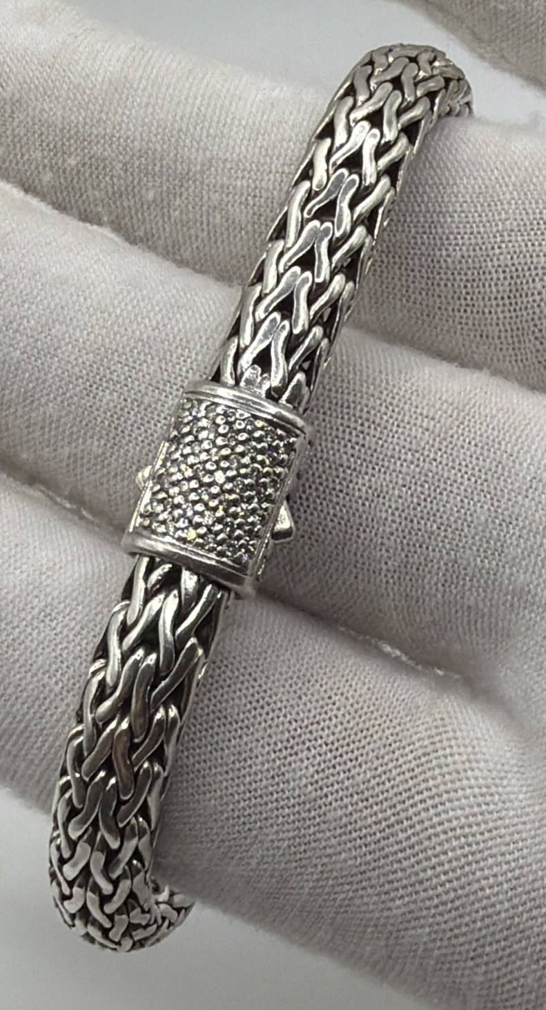 John Hardy Sterling Silver & 18k Classic Chain Icon Diamond Bracelet 7 5/8” 7mm