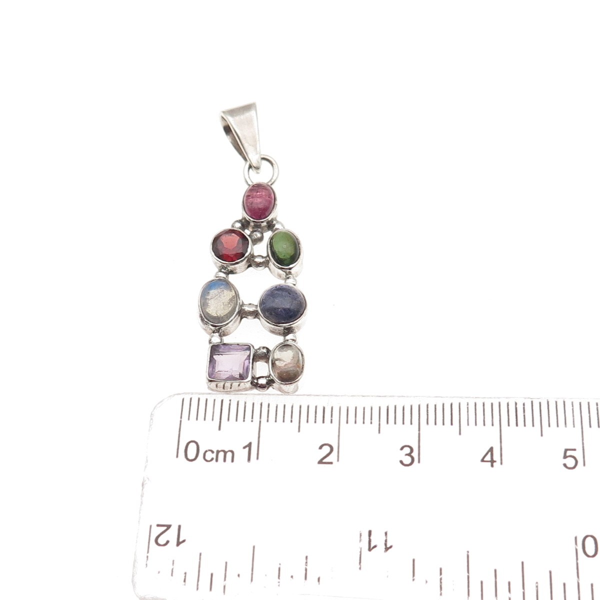925 Sterling Silver Vintage Tourmaline Amethyst Garnet Iolite Moonstone Pendant