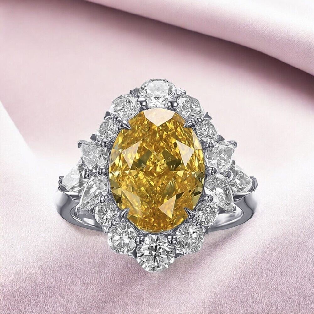 14K White Gold Fancy Vivid Yellow 2.4Ct IGI Lab Grown Oval Cut Diamond Ring
