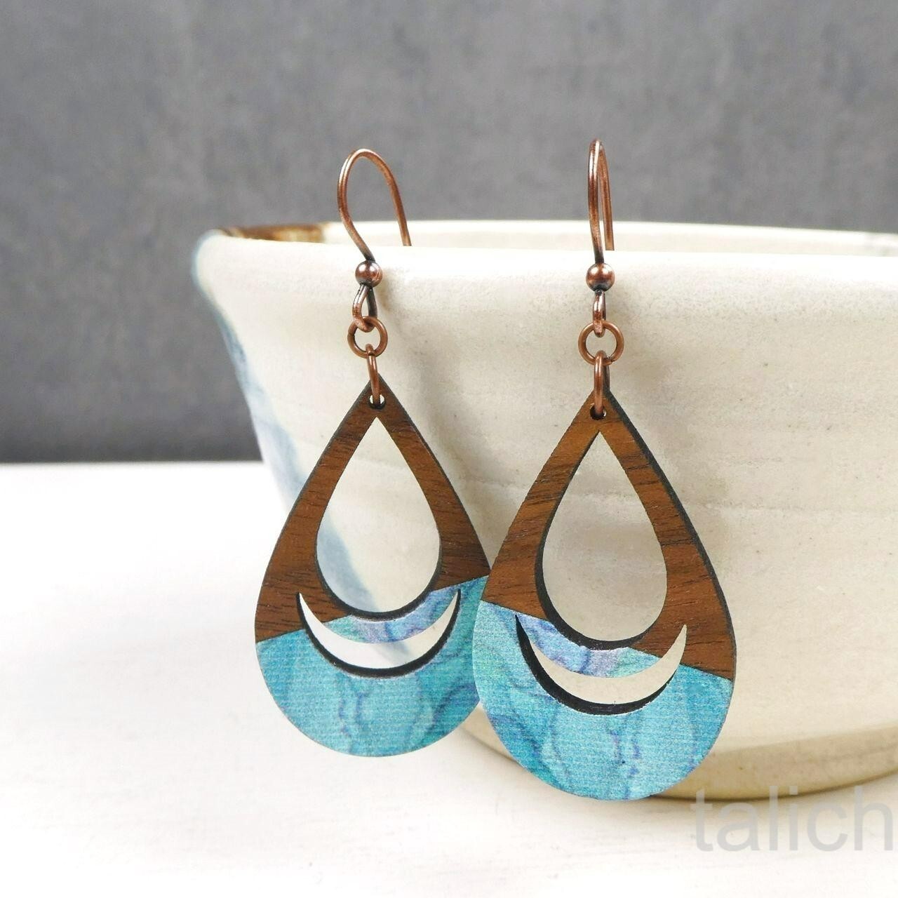 DC Designs Cutout Walnut Wood Teardrop Earrings with Aqua Blue Art Print D39W